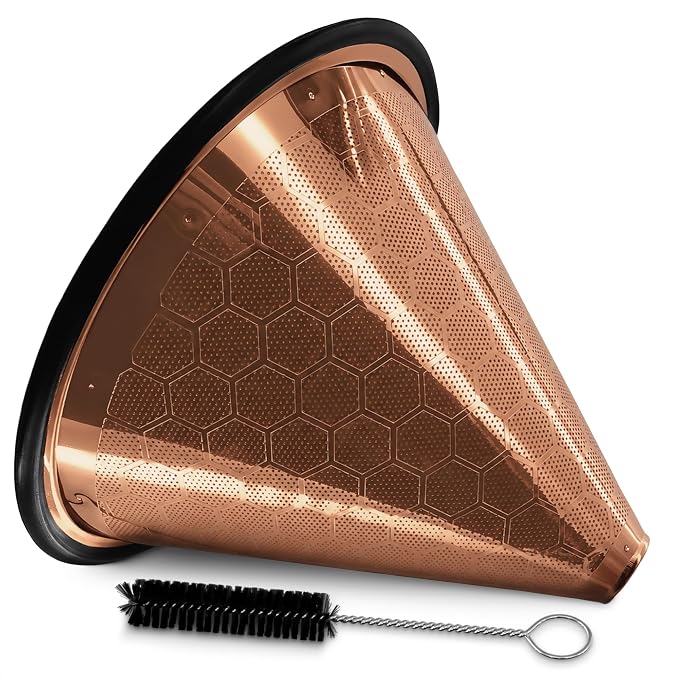 Pour Over Coffee Filter Reusable Stainless Steel - 800 Mesh Copper Cone with Black Ring for Clean, Sediment-Free Brew, Compatible with Hario V60 & Chemex, Paperless Coffee Dripper with Cleaning Brush