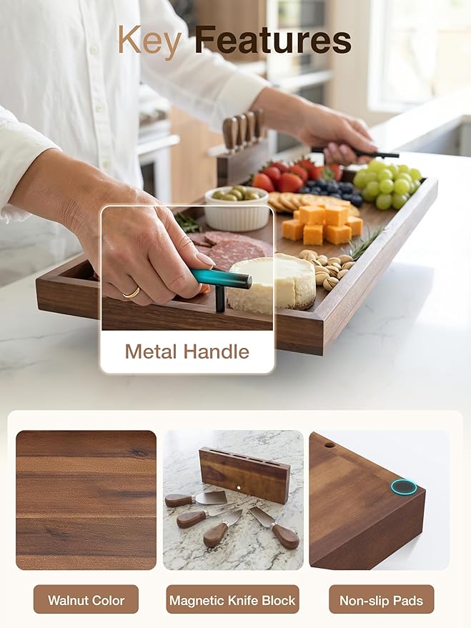 TIDITA Acacia Large Charcuterie Boards for Party with Cheese Knife Set of 4 – Acacia Wood Serving Tray with Handles, Long Charcuterie Board, Wooden Cheese Board (Walnut Color, 30 Inch)