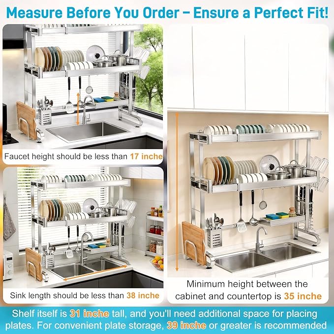 Over The Sink Dish Drying Rack,Large Capacity 23.8"-39.3",Over The Sink Dish Srying Rack Expandable Drainer & Storage Organizer for Kitchen Counter Full Stainless Steel