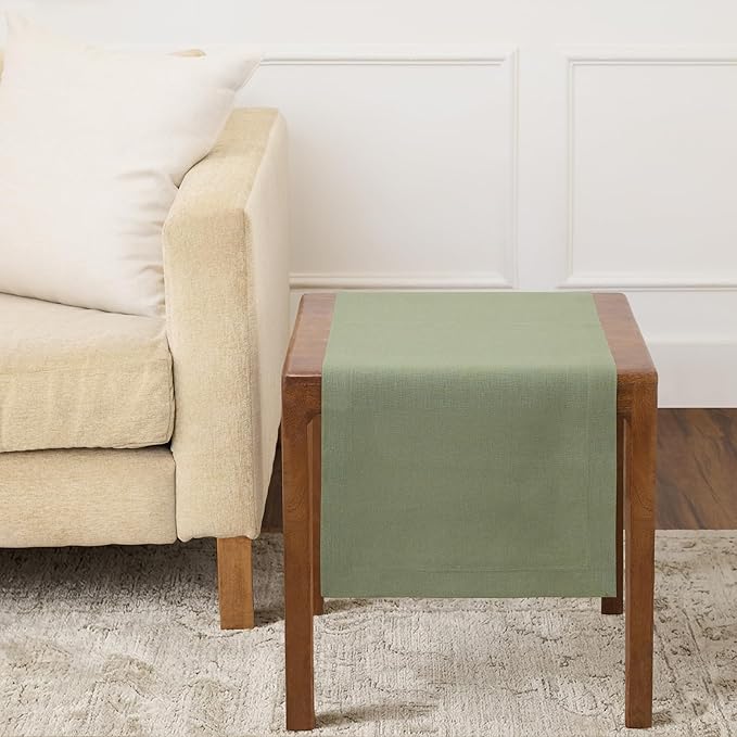 Solino Home Linen Table Runner 36 Inches - 100% Pure Linen Oil Green Table Runner 14 x 36 Inch Ideal for Dresser and Coffee Tables - Spring, Summer - Fete