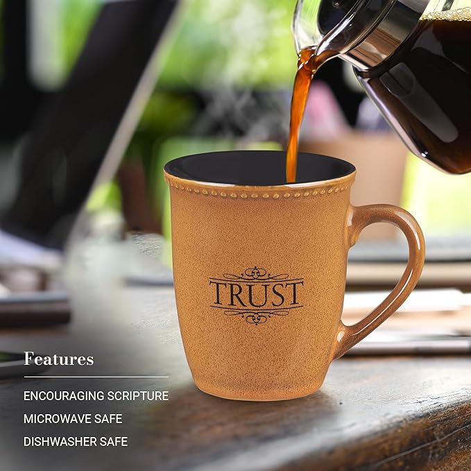 Christian Art Gifts Saddle Tan Stoneware Coffee Mug – 13 oz. Microwave and Dishwasher-safe Lead-free Inspirational Scripture Coffee and Tea Mug for Men & Women with Bible Verse: Trust – Psalms 91:2