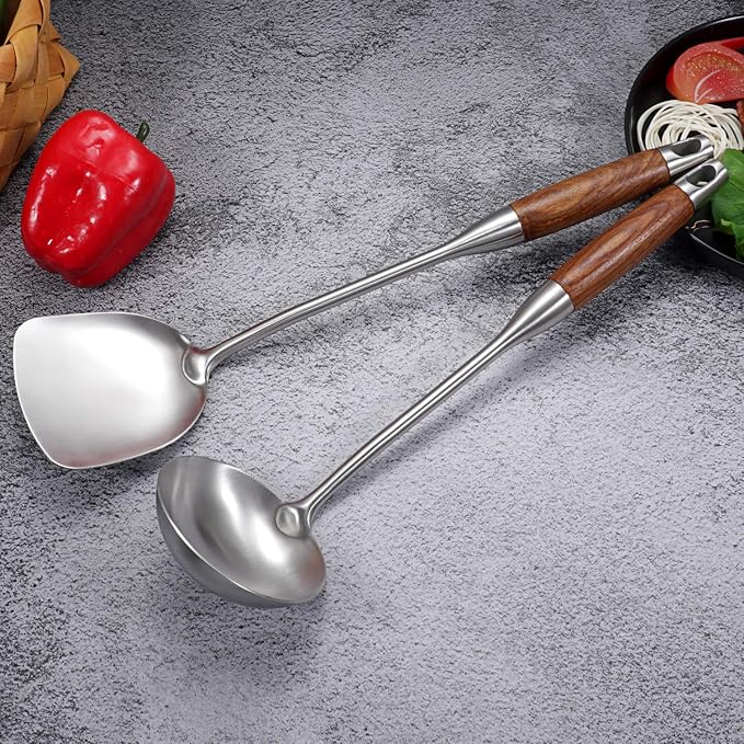 Wok Spatula & Ladle Tool Set, AOOSY 304 Stainless Steel Cooking Utensils, Wooden Handle Wok Utensils Soup Ladle, 15 Inches, Set of 2
