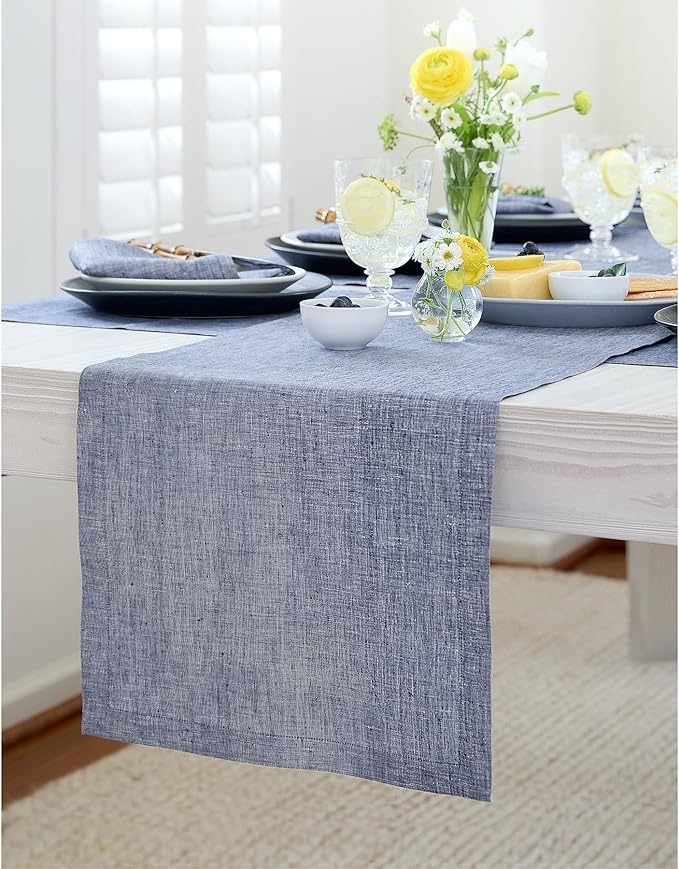 Solino Home Linen Chambray Indigo Table Runner 90 Inches Long - Athena, 100% Pure Linen Dining Table Runner 14 x 90 Inch for Spring, Summer