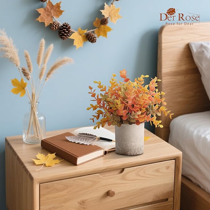 Der Rose 3 Pack Fake Plants Artificial Plastic Eucalyptus in Pot for Home Office Desk Bathroom Farmhouse Table Decor Indoor Warm Orange Accent