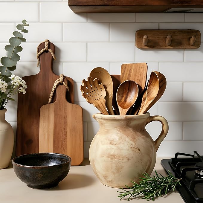 Rustic Kitchen Utensil Holder, 7.3'' Ceramic Vintage Utensil Crock for Counter, Farmhouse Utensil Crock Countertop Organizer for Spatulas Spoons Cooking Tools, Modern Home Kitchen Decor (Light Clay)