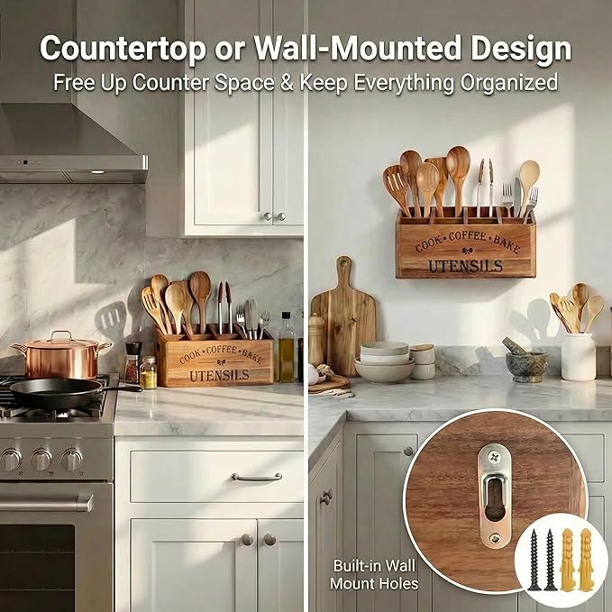Wooden Kitchen Utensil Holder, Acacia Wood, Extra Large, 4-Compartment, Countertop Organizer, Wall Mount Option, Silverware Storage Caddy, Ventilation Holes & Non-Slip Pads (4 Compartments)