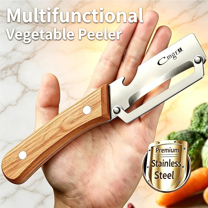 Multifunctional Vegetable Peeler, Stainless Steel Wooden Handle 2 in 1 with Bottle Opener for Kitchen Fruit Potato Apple Carrot