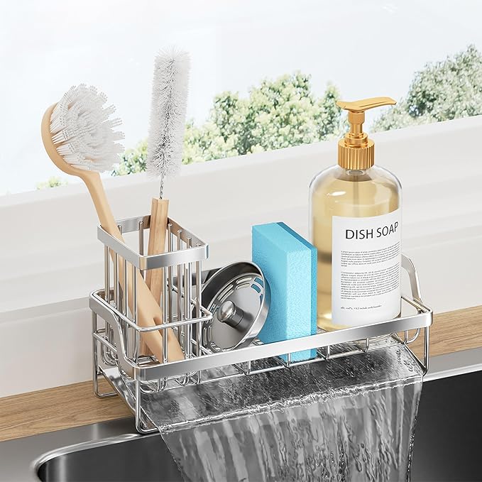 Consumest Sponge Holder for Kitchen Sink - Sink Caddy with Stainless Steel Self Drain Tray, Sink Organizer with High Brush Holder Countertop for Kitchen Sink Accessories, Silver