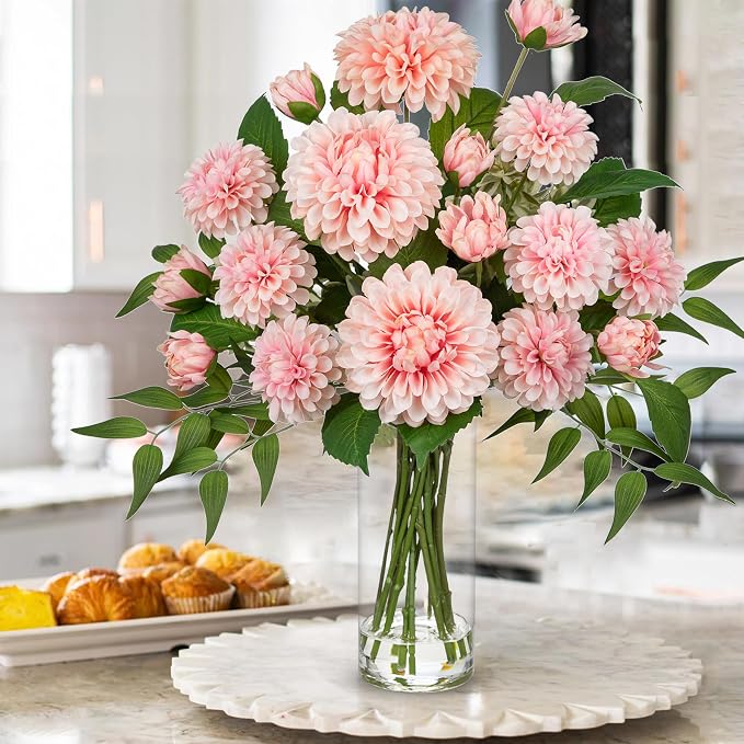 Hollyone Pink Fake Flowers in Vase Dahlia Artificial Flowers in Glass Vase with Faux Water Dahlia Silk Flower Arrangements for Bathroom Office Table Centerpiece Shelf Decorations Home Decor