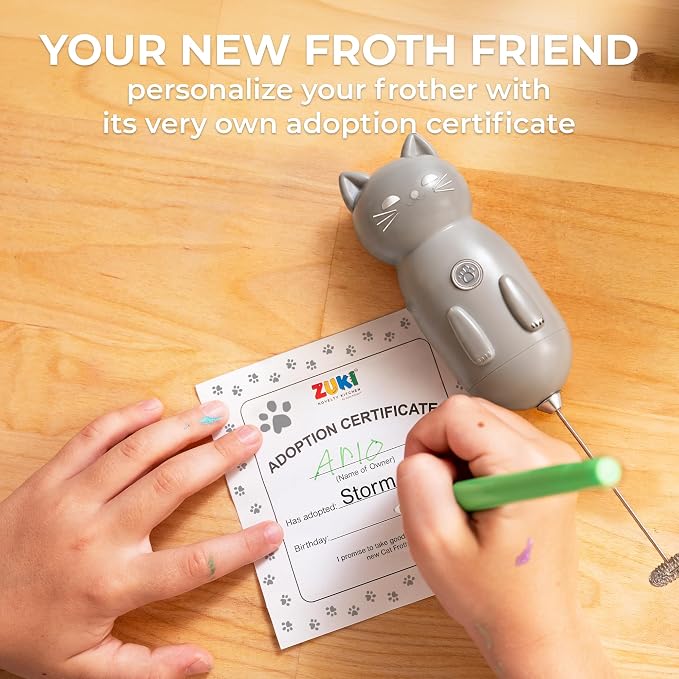 Zulay Kitchen Cat Milk Frother Wand – Cutesy Frother, Meet Your New Frothing Buddy Storm The Cat, Adoption Papers and Stickers Included, Purrr-fect for Lattes, Cappuccino & Matcha – Gray