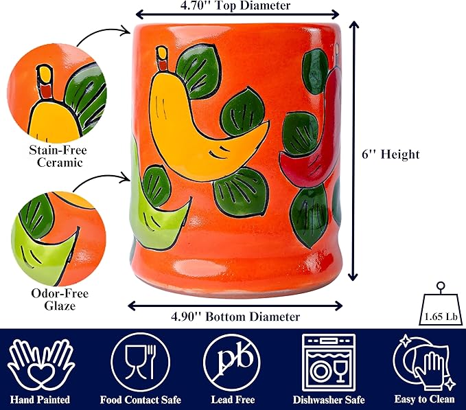 Talavera Utensil Holder - Hand Painted Ceramic Spoon Crock - Colorful Utensil Crock - Large Mexican Spoon Rest 6" H (Orange Chilies)
