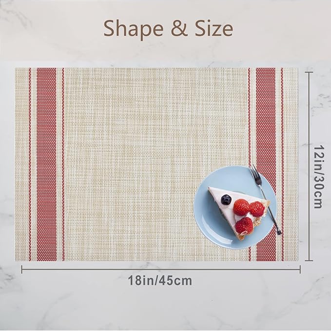 DACHUI Placemats Set of 4, Soft & Elegant Woven Vinyl Place Mats, Water Resistant, Heat Resistant, Washable, Durable Table Mats (Red Stripes)