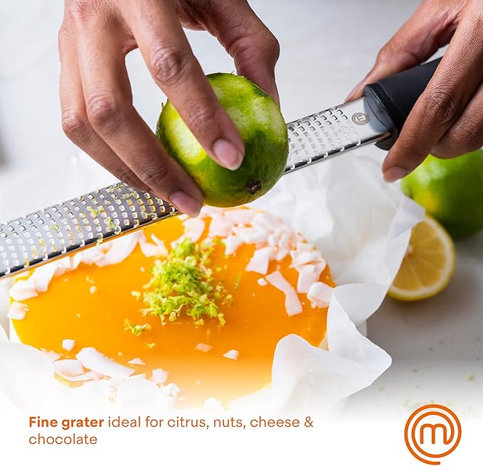 MasterChef Lemon Zester Grater with Handle, Kitchen Tool for Zesting Citrus Fruits & Finely Grating Parmesan Cheese, Garlic, Ginger, Coconut, Nutmeg, Wasabi, Chocolate etc, Stainless Steel, 12 inches