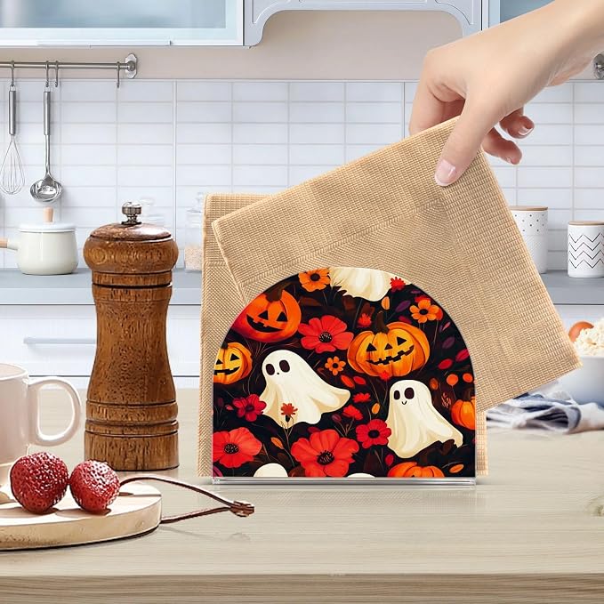 Napkin Holder Acrylic Napkin Holder for Table Kitchen Party Restaurant U Shaped Upright Napkin Dispenser Organizer Halloween Ghost Pumpkin and Poppy