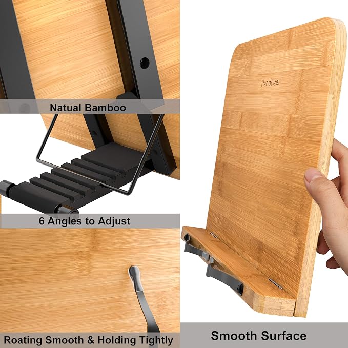 Readaeer Bamboo Book Stand, Large Book Holder with 6 Adjustable Height, Foldable Cookbook Stand Desktop Document Holder for Kitchen & Office (13.4 x 9.3 Inch)