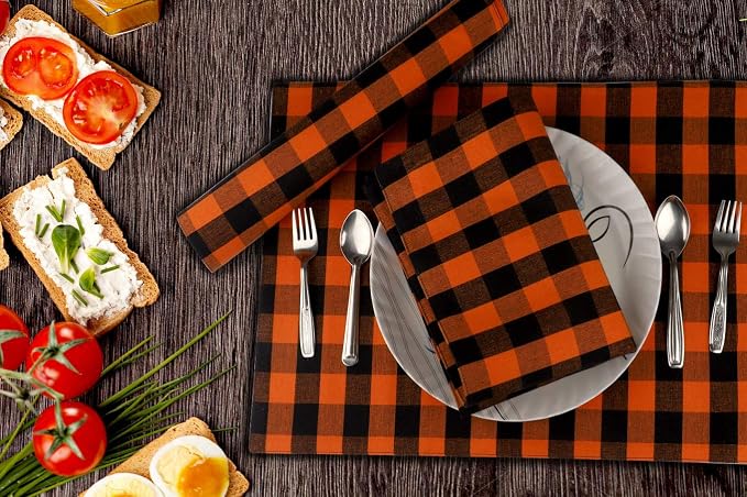 Urban Villa Halloween Placemats for Dining Table 100% Cotton Placemats 14''x20'' Over Sized Tablemats Set of 6 Placemats Orange/Black Color Buffalo Check Tablemats for Dinners Wedding PartiesPlacemats