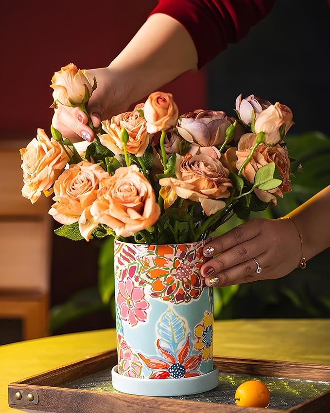 Utensil Holder for Kitchen Counter, Large Ceramic Utensil Holder Crock with Drain Tray, Hand-Painted Floral Rustic Farmhouse Kitchen Crock, Perfect for Women, Christmas, Hostess Gifts & Fall Decor