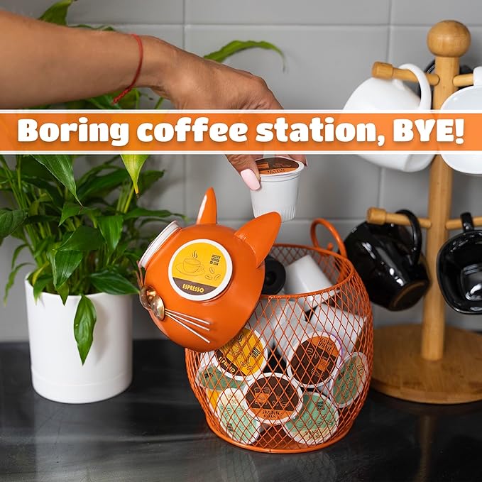 Made Easy Kit Cat Coffee Pod Holder Basket – Metal K-Cup Organizer for Countertop Coffee Bar – Cute Kitchen Décor Storage for Keurig Pods, Creamers & Capsules (25 Pod Capacity)