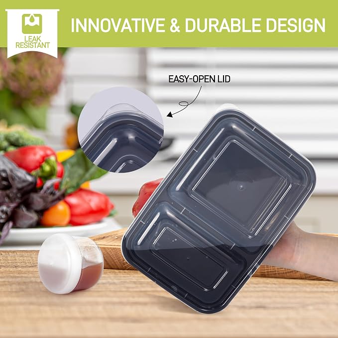 LISI 100-Piece Meal Prep Containers, 33oz Large Food Storage Containers with lids with 1, 2, 3-Compartment, Freezer Safe To-Go/Take-Out Boxes, Includes 5-Pack 2oz Dressing Cups for Take Out
