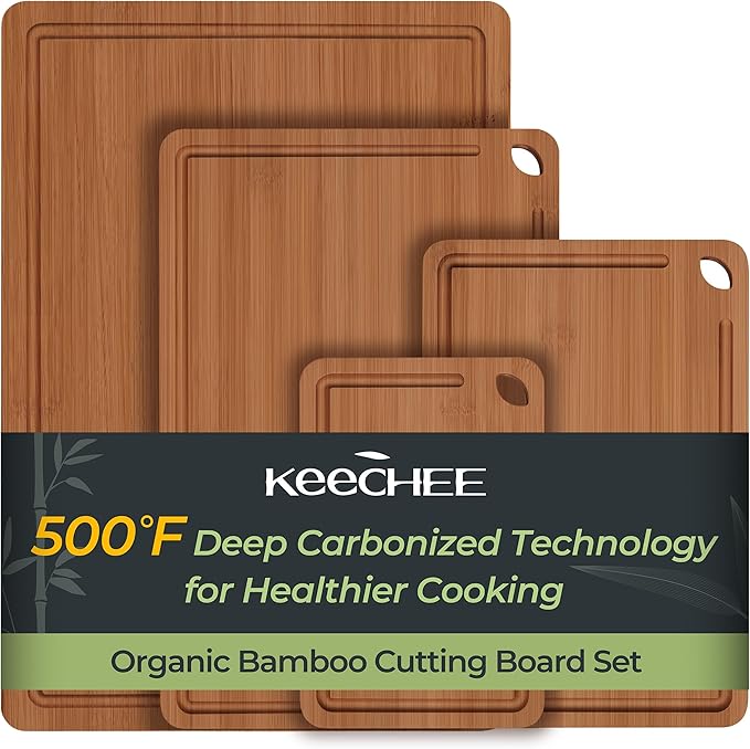 Keechee Wood Cutting Board, Carbonized Bamboo Cutting Boards Set With Smooth Surface & Easy Storage For Busy Kitchens, Ideal Charcuterie & Chopping, Durable, Knife-Friendly (4Pcs)