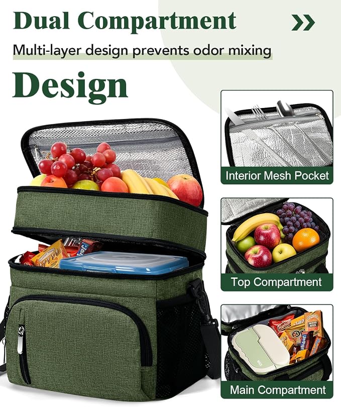 Insulated Lunch Bag for Men & Women, Double Leakproof Lunch Box Soft Cooler Tote with 5 Pockets, 600D Oxford, EVA Lining, Adjustable Strap for Work, Picnic, Beach&Travel-Army Green