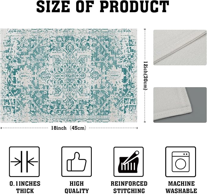 Gray Teal Boho Placemats Set of 4 Ethnic Bohemian Carpet Place Mats Washable Kitchen Dining Vintage Grey Geography Floral Linen Table Mats Stain Heat-Resistant Cloth Tabel for Home Party 12x18 in