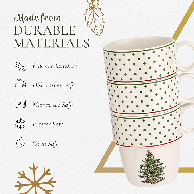 Spode Christmas Tree Polka Dot Stackable Mugs, Set of 4 - Festive 10oz for Hot Chocolate & Coffee, Space-Saving Design, Dishwasher, Microwave, Freezer Safe - Fine Earthenware Holiday Mugs