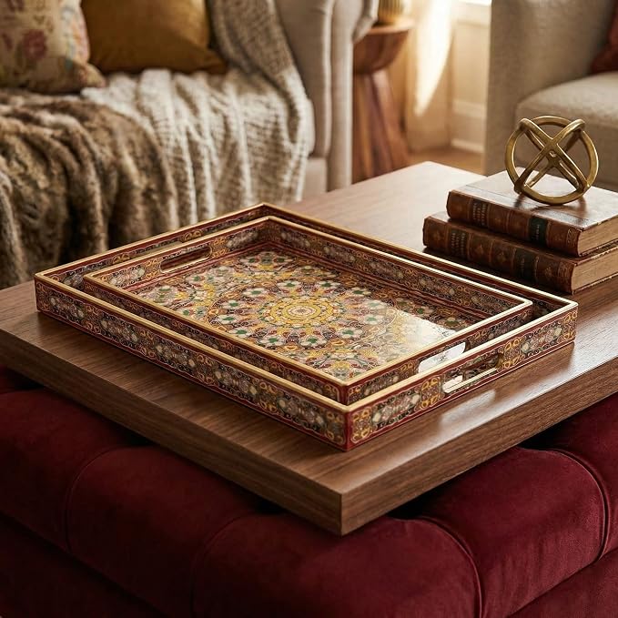 2pcs Boho Red Decorative Serving Tray, Modern Plastic Tray with Handles for Coffee Table, Living Room, Ottoman, Home Decor, Large, 15.7"*11.8"*1.6", Small 13.7"*9.8",