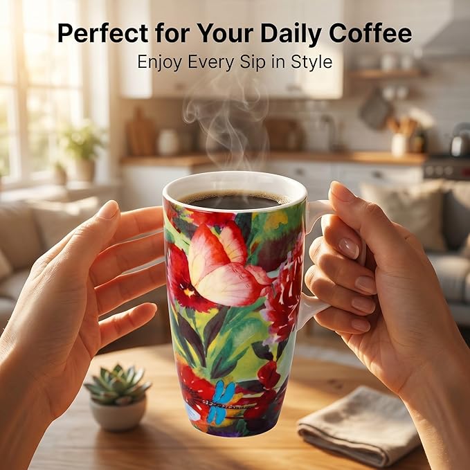 DUSVALLY 17oz Ceramic Coffee Mug with Lid & Handle – Large Travel Mug for Men Women, Microwave & Dishwasher Safe, Red Flowers – Ideal for Office, Home & Gift Giving
