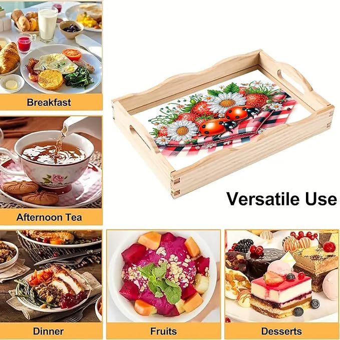 BAYUNOE DIY Diamond Serving Tray Christmas Rectangular Breakfast Tray with Handle Handmade Diamond Art Painting Wooden Tray for Dinner Plate Coffee Room Living Home Organizer-Strawberry