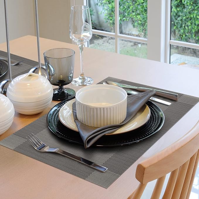 Winknowl Placemats for Dining Table Set of 8 Waterproof, Woven Place Mats for Kitchen Table Vinyl Heat Insulation Stain Resistant Placemats (Gray)