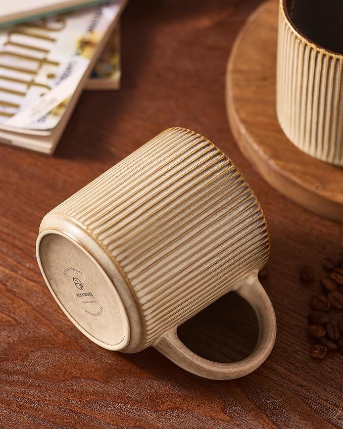 famiware Coffee Mug Set for 6, Star 12 oz Catering Mugs Cup Set with Handle for Coffee, Tea, Cocoa, Milk - Ceramic Stoneware Drinkware Set, Cream Cocoa