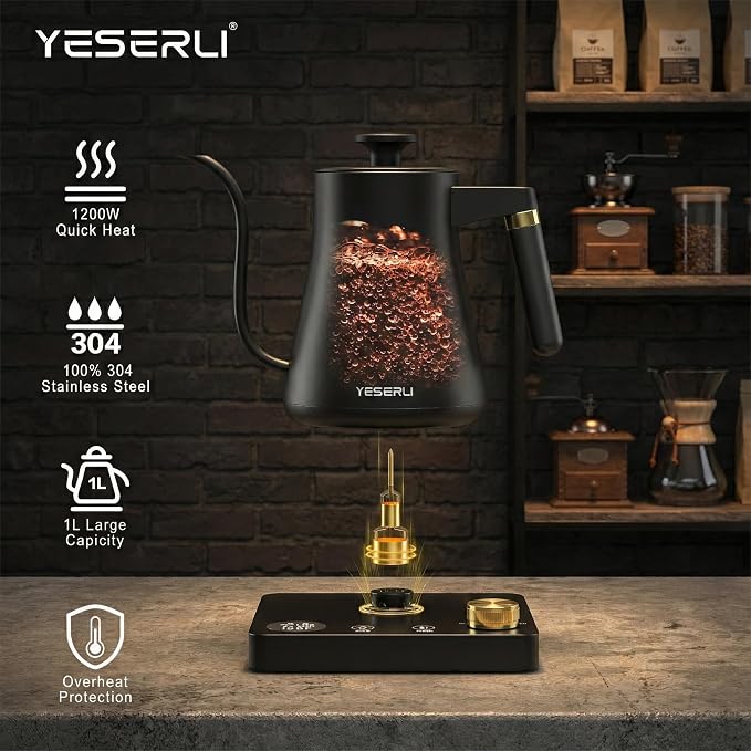 1.0L Gooseneck Electric Kettle with ±1℉ Temperature(104-212F) Control, Expert Brew Pour-Over Coffee & Tea,4 Temp Preset,12H Keep Warm,304 Stainless Steel Interior, 1200W Fast Boiling, Matte Black