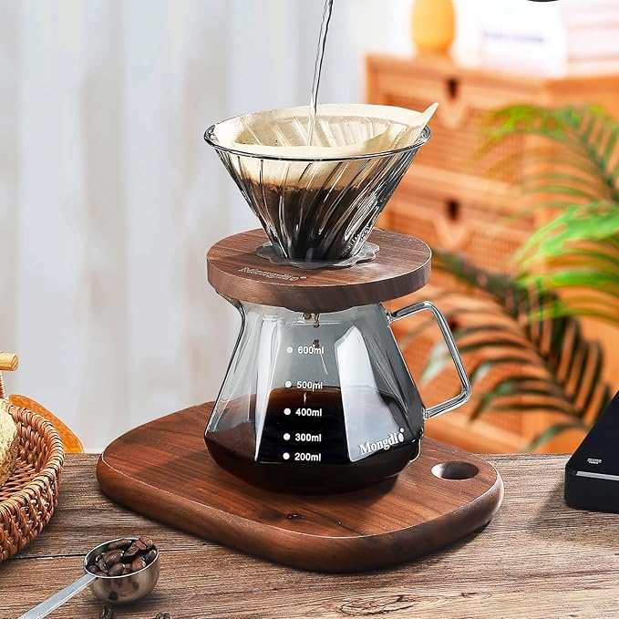 Mongdio Pour Over Coffee Maker, 20 oz High-Heat Borosilicate Glass Coffee Maker with 100pcs Paper Filters, Walnut Handle & Glass Lid, Drip Coffee Maker Set for Home Café Restaurant - 600ml, Gray