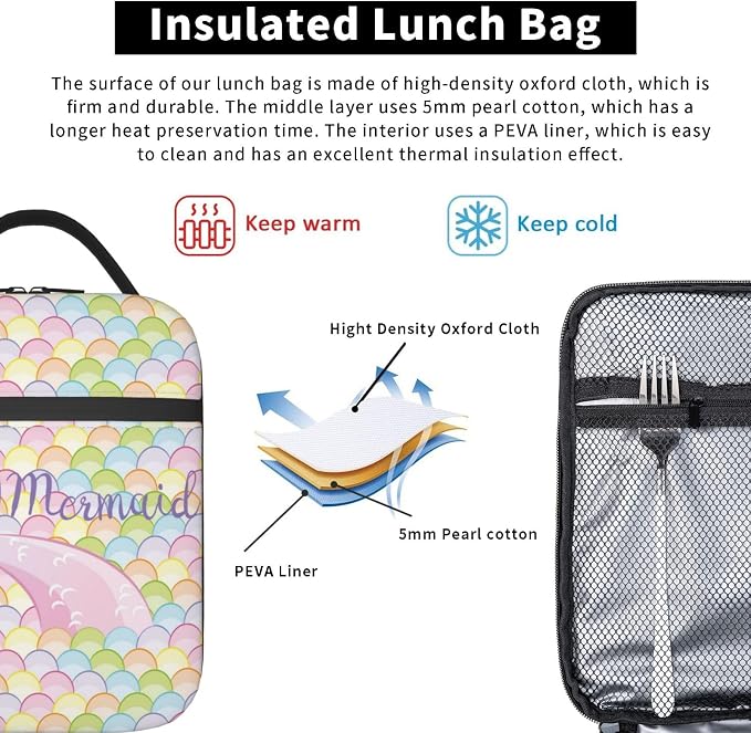 Mermaid Tail Colorful Galaxy Blue Insulated Lunch Bag Portable Reusable Zipper Lunch Box For Men Women Work Picnic Travel Camping