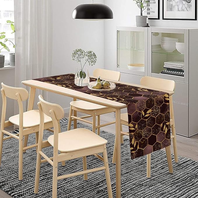 Marble Table Runner, Burgundy Red and Gold Abstract Geometry Hexagon Modern Luxury Texture Printed Linen Table Runners for Living Room Kitchen Dining Room Party Holiday Decor 13" W x 36" L