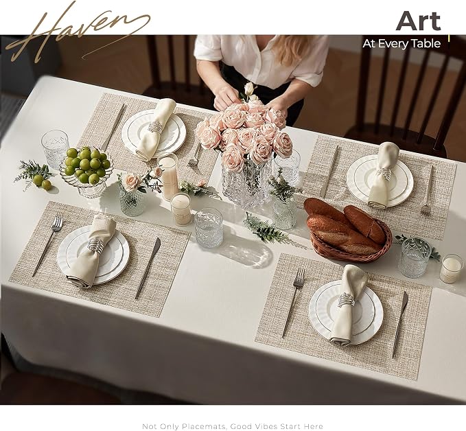 Leetaltree Sparkling Beige and Gold Vinyl Woven Placemats Set of 6 - Durable - Washable - Wipeable Dining Table Place Mats, Suitable for Indoor & Outdoor Use - Hand-Cut