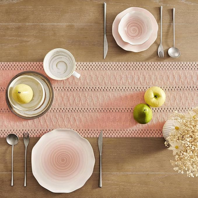 Niviy Boho Valentines Table Runner for Pink Tassel Home Decor 108 Inches Long, Rustic Macrame Cotton Linen Woven Coffee Table Runners for Wedding Party Baby Shower Dining Table Decoration, Pink