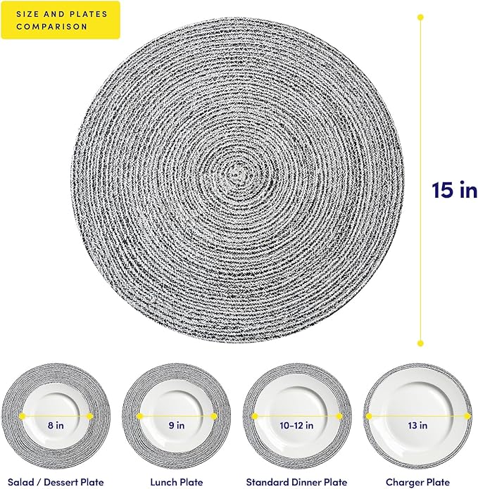 Round Placemats Set of 6-100% Cotton Two-Tone Placemat for Dining Table - Woven Braided Table Setting Place Mat - Washable Table Decor for Kitchen, Farmhouse, Rustic, Everyday Use, Black