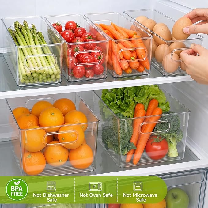 YKIOKE 8 Pack Clear Plastic Storage Bins with Handles,4 Large and 4 Small Stackable Organizer Containers for Kitchen, Countertops, Cabinets, Fridge, Drinks, Fruits, Vegetable, Cereals