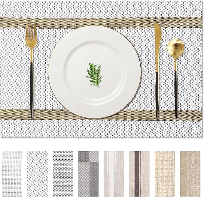 AHHFSMEI Placemats Set of 8 Washable Woven Vinyl Placemats for Dining Table Heat Resistant Non-Slip Stain Resistant Table Mats for Kitchen & Home Decor(White Wave Stripe,8)