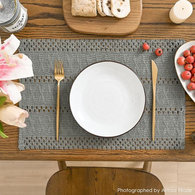 Artoid Mode Dark Grey Farmhouse Woven Rustic Hollow Placemats Set of 6,12x18 Inch Seasonal Holiday Table Mats Party Kitchen Dining Decoration