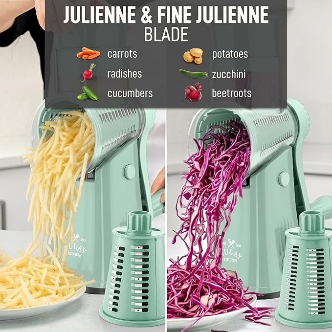 Zulay Kitchen Rotary Cheese Grater 5 Blade Cheese Shredder - Manual Hand Crank Cheese Grater With Reinforced Suction & 5 Interchangeable Drums - Easy to Use, Vegetable Chopper Round Mandoline Slicer