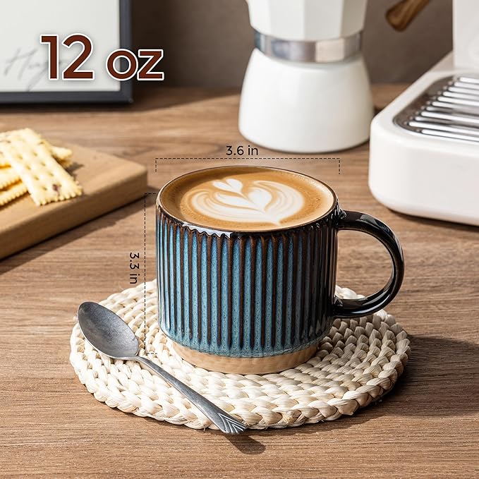 GBhome 12 OZ Stackable Coffee Mugs, Ceramic Coffee Mugs with Texture Patterns for Man,Woman,Dad,Mom, Modern Coffee Mugs Set of 4 for Latte/Cappuccino/Cocoa. Dishwasher&Microwave Safe
