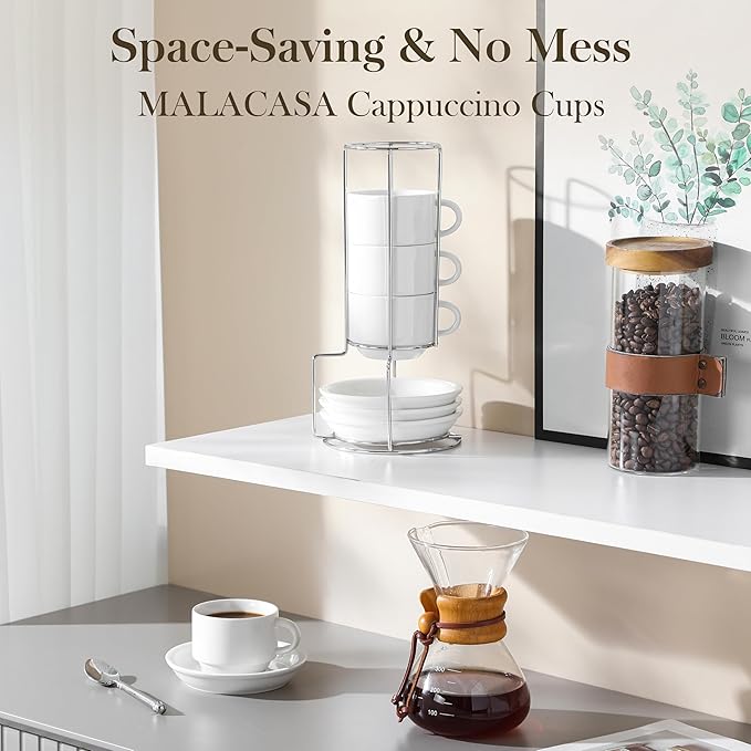 MALACASA 4 OZ Porcelain Espresso Cups with Saucers and Metal Stand Set of 4, Stackable Cappuccino Cups, White Expresso Shots Cup Set for Coffee Drinks, Latte, Tea