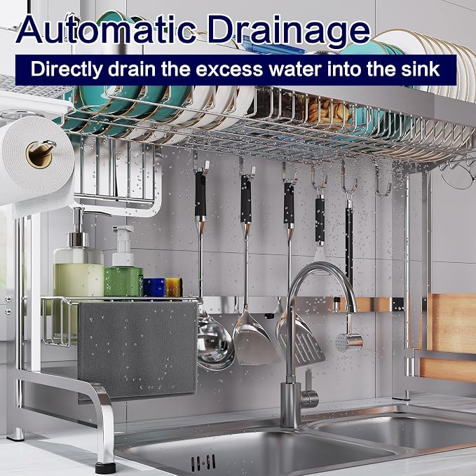 LIVOD Over The Sink Dish Drainer Drying Rack, 2 Tier Full Stainless Steel Storage Adjustable Length Kitchen Rack, Multifunctional Expandable Counter Organizer, Space Saver Dish Rack