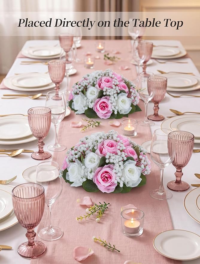 BLOSMON Fake Flowers Ball Centerpieces: 2 Pcs Pink Rose Babys Breath Artificial Flowers Wedding Decoration for Table Silk Kissing Floral Bouquet Arrangements for Home Party DIY Decor