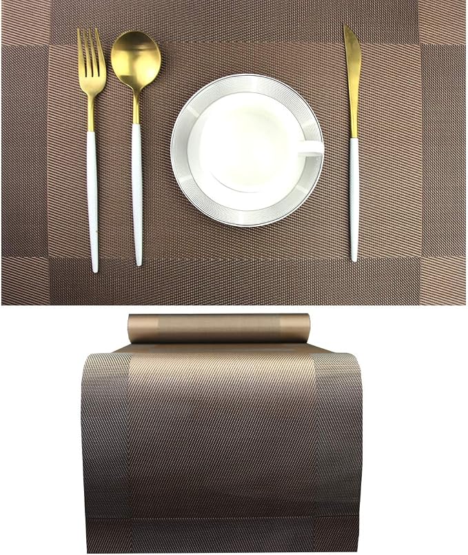 PIGCHCY Elegant Placemats with Matching Table Runner,Durable Cleaning Placemats for Dining Table Sets(6pcs Round Placemats+1pcs Table Runner, Chocolate Brown)