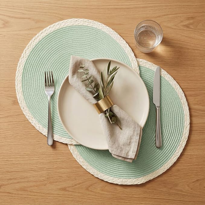 Noctiflorous Braided Round Placemats Set of 6, 15 Inch Woven Table Mats, Non-Slip Washable Place Mats for Kitchen Dining Table Decor (Mint Green, 6)