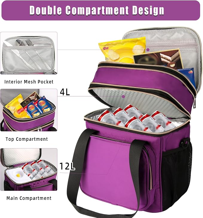 GLENKEY Tactical Lunch Box Cooler Bag - Expandable Insulated Lunch Bag for Men Women - Large Lunchbox for Adults Work Shifts Outdoor Trips Purple 16L